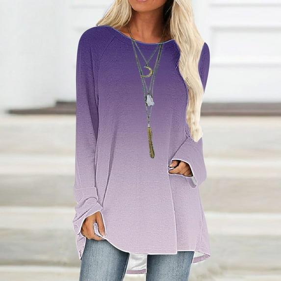 QUNYINEY Long Sleeve Shirts for Women Crew Neck Casual Purple Gradient Tops Drop Shoulder Pullover Loose T-Shirts