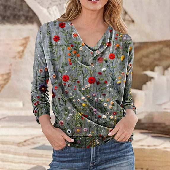 QUNYINEY Long Sleeve Shirts for Women Fall Crew Neck Floral Blouses Casual Pullover Fashion Loose Fit Graphic Tees Womens Clothes