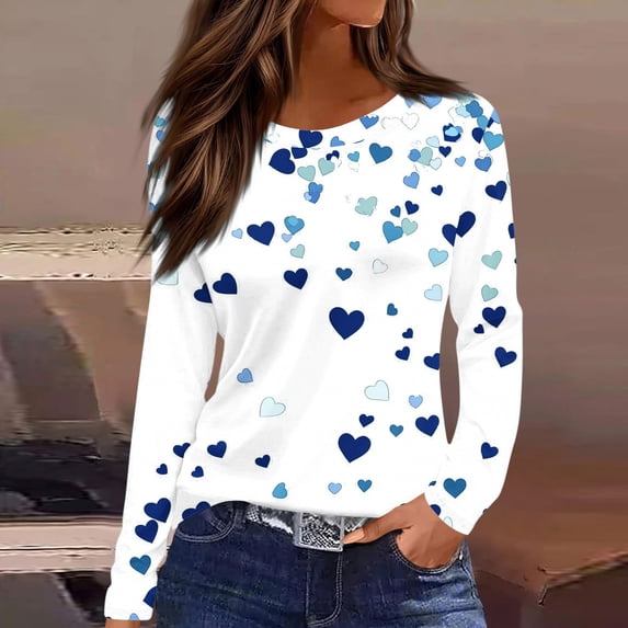 QUNYINEY Long Sleeve Shirts for Women Love Heart Valentine's Day Crewneck Graphic Graphic Tees Cute Loose Fit Pullover Tops for Women