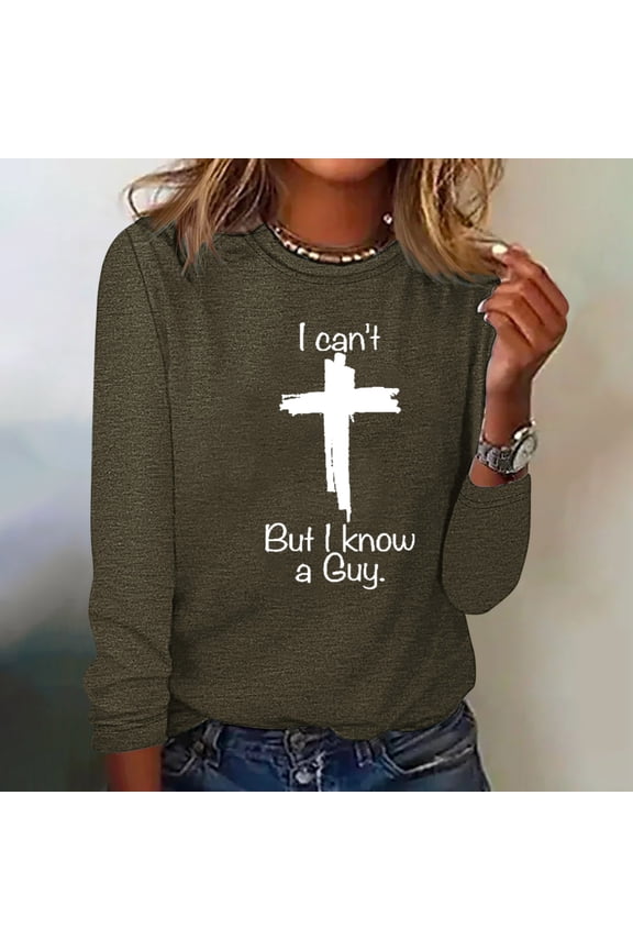 Long Sleeve Shirts for Women Trendy Crew Neck Jesus Cross Casual Green Tops Loose Pullover Drop Shoulder T-Shirts