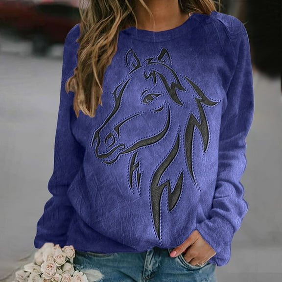 QUNYINEY Long Sleeve Sweatshirt Women Blue Crew Neck Casual Horse Print Tops Pullover Loose Drop Shoulder Sweatshirts