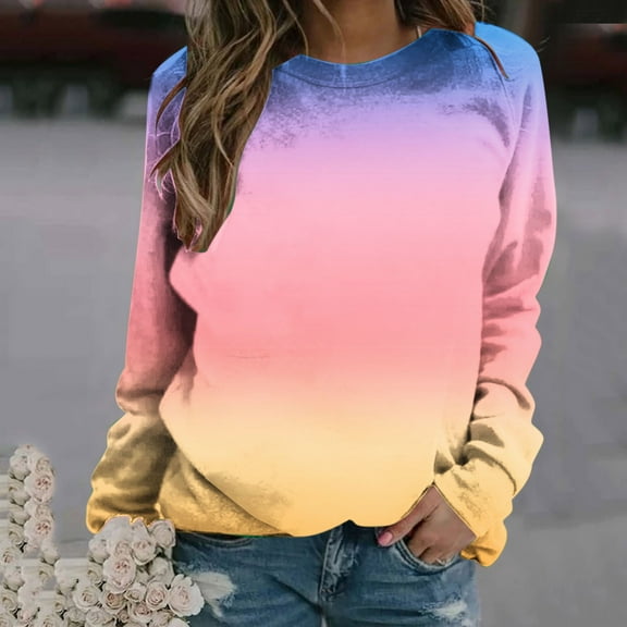 QUNYINEY Long Sleeve Sweatshirt Women Gradient Crew Neck Casual Yellow Tops Loose Drop Shoulder Pullover Sweatshirts