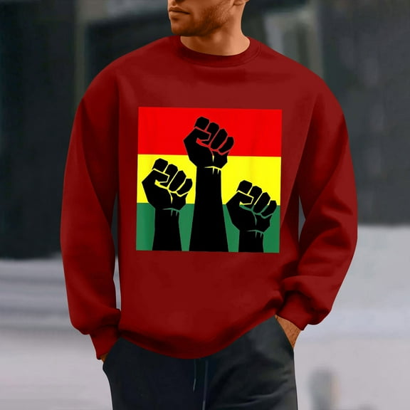 QUNYINEY Long Sleeve Sweatshirts for Men Casual Red Black History Month Crew Neck Tops Pullover Drop Shoulder Loose Sweatshirts