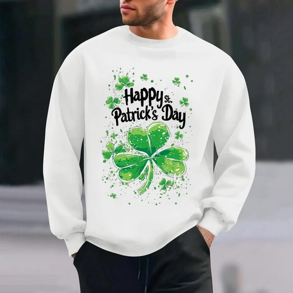 QUNYINEY Long Sleeve Sweatshirts for Men Casual White Crew Neck St Patricks Day Tops Drop Shoulder Loose Pullover Sweatshirts