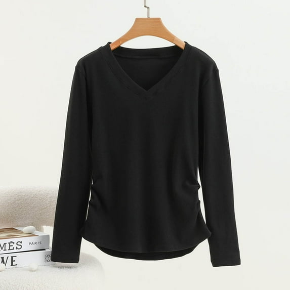QUNYINEY Long Sleeve T Shirts for Women Black Solid Casual V-Neck Undershirt Loose Pullover Drop Shoulder Soft T-Shirts Women Tops