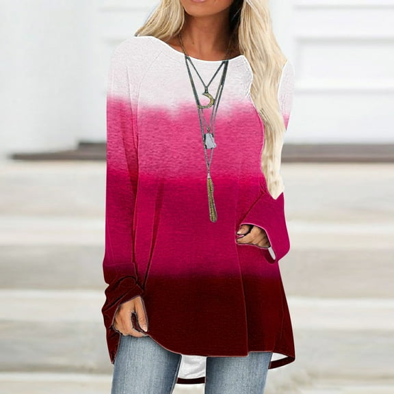 QUNYINEY Long Sleeve T Shirts for Women Pink Casual Crew Neck Gradient Tops Loose Drop Shoulder Pullover T-Shirts