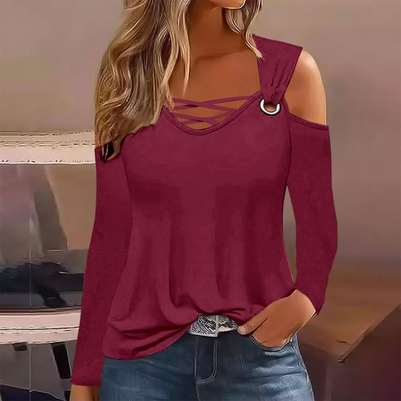 QUNYINEY Long Sleeve Tshirts Shirts for Women Purple V-Neck Solid Casual Tops Loose Cut Out Pullover Cold Shoulder T-Shirts