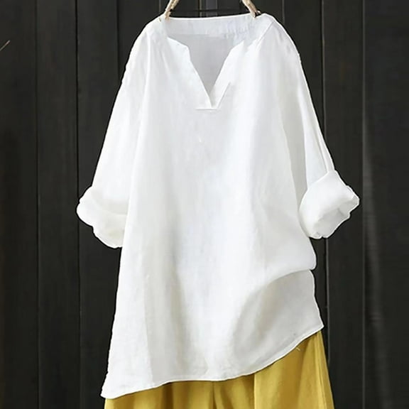 QUNYINEY Long Sleeve Women Shirts White Casual Colorblock V-Neck Tops Drop Shoulder Cotton Linen Pullover Loose T-Shirts