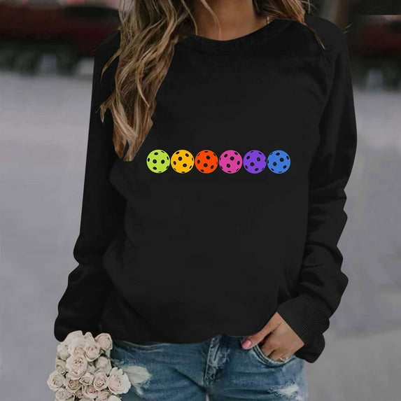 QUNYINEY Long Sleeve Women Sweatshirt Black Casual Pickleball Crew Neck Tops Drop Shoulder Pullover Loose Sweatshirts