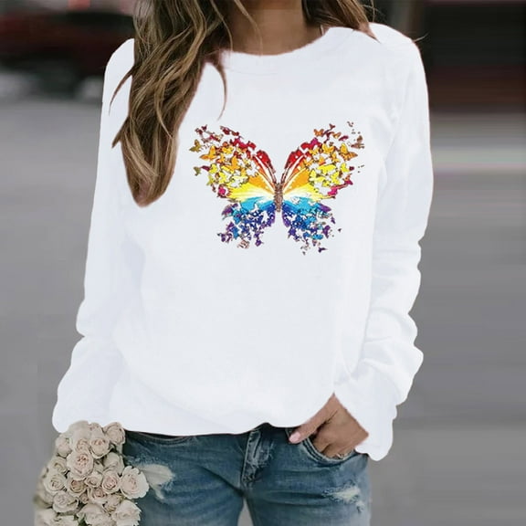 QUNYINEY Long Sleeve Women Sweatshirt Butterfly White Casual Crew Neck Tops Drop Shoulder Loose Pullover Sweatshirts
