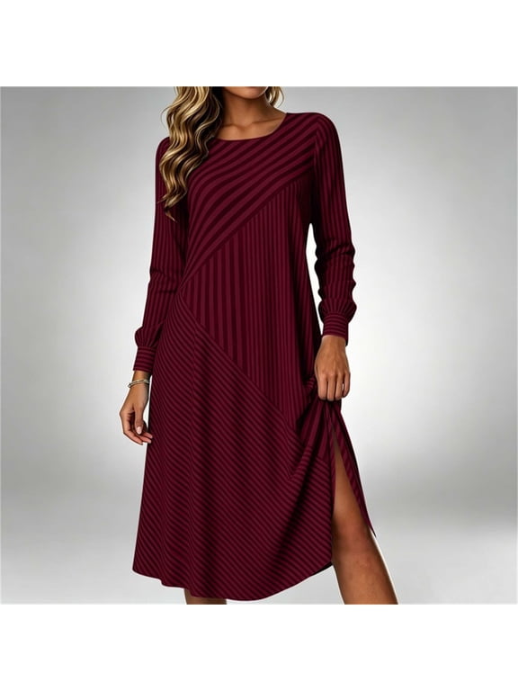 Long Sleeve Women's Dresses Midi Fall Flowy Striped A Line Dress Casual Crew Neck Loose Fit Dresses