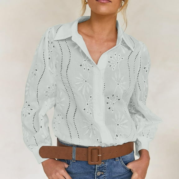 QUNYINEY Long Sleeve Womens Button Down Blouse Vintage Tops Cut Out Smocked Loose Fit Collared Blouse for Women