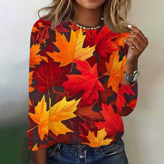 QUNYINEY Long Sleeve Womens Fall T Shirts Thanksgiving Day Crew Neck Maple Leaf Tops Pullover Loose Fit Graphic Tees