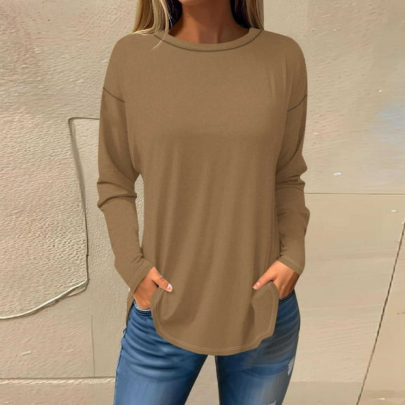 QUNYINEY Long Sleeve Womens Shirts Brown Crew Neck Casual Solid Tops Drop Shoulder Pullover Loose T-Shirts