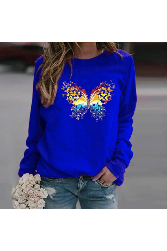 Long Sleeve Womens Sweatshirt Casual Crew Neck Blue Butterfly Tops Loose Drop Shoulder Pullover Sweatshirts