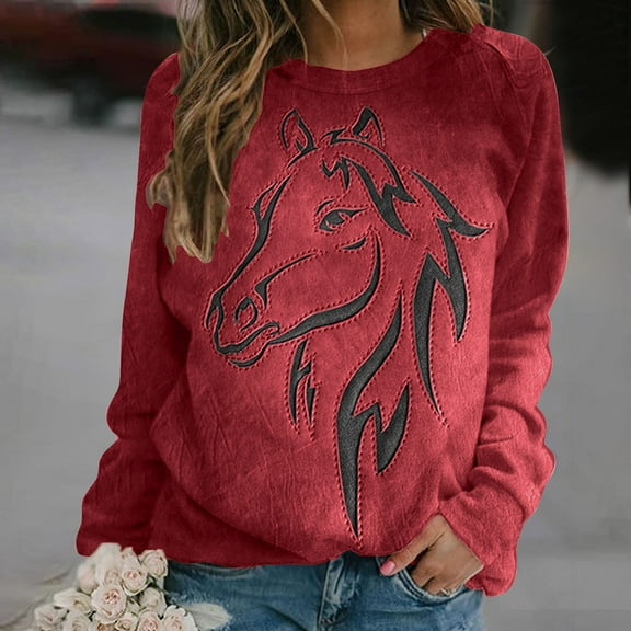 QUNYINEY Long Sleeve Womens Sweatshirt Horse Print Crew Neck Casual Red Tops Loose Drop Shoulder Pullover Sweatshirts