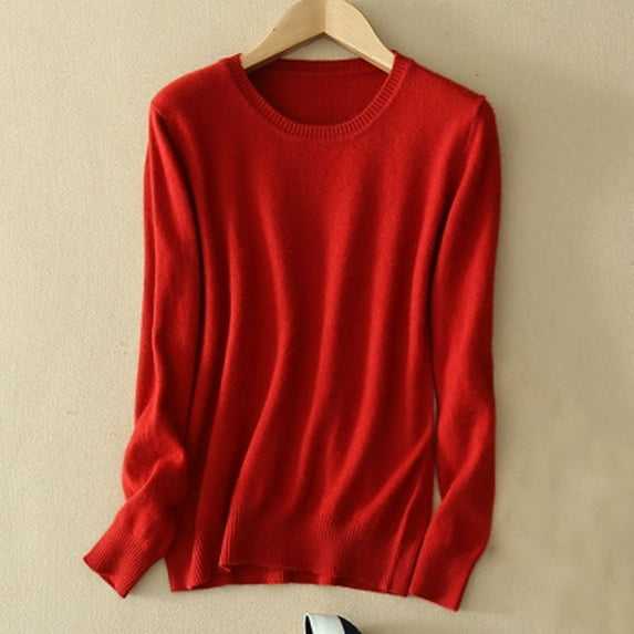 QUNYINEY Long Sleeve Womens T Shirts Casual Solid Red Crew Neck Tops Drop Shoulder Pullover Loose T-Shirts