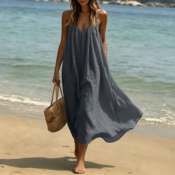 QUNYINEY Long Trending Dresses for Women 2026 Solid Cotton Linen A Line Sleeveless Slip Dress Beach Loose Fit Summer V Neck Dresses