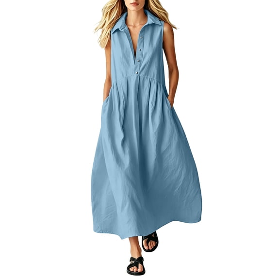QUNYINEY Long Womens Plus Size Dresses Sleeveless Cotton Blue A Line Sundress with Pockets Casual Collared Loose Fit Button Dresses