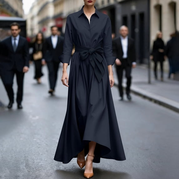 QUNYINEY Long Womens Summer Dresses Long Sleeve Formal Flowy Black Shirt Dress Tie Waist Relaxed Fit Collared Button Dresses