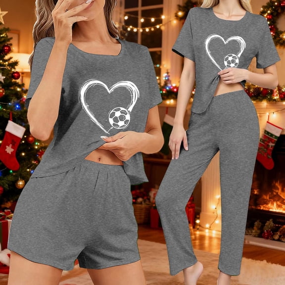 QUNYINEY Love Heart Plus Size Pajamas for Women Set Soft 3 Piece Short Sleeve Shirts and Pants Loose Fit Crew Neck Women's Loungewear Sets