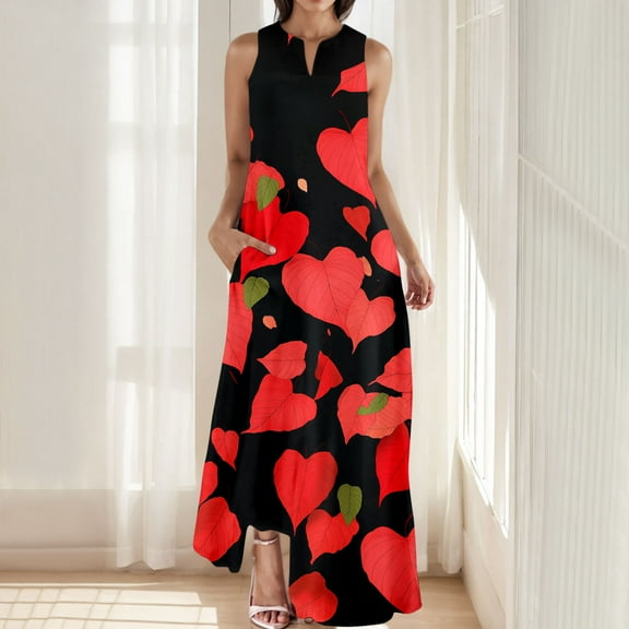 QUNYINEY Love Heart Spring Dresses for Women Casual Sleeveless A-Line Dress with Pockets Flowy V Neck Maxi Sundress