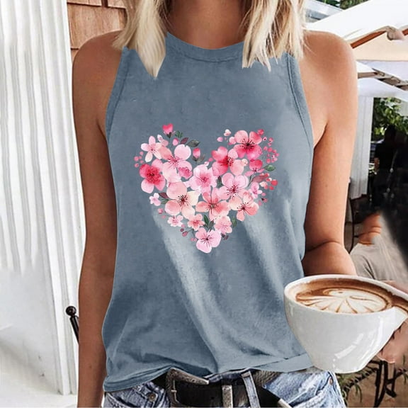 QUNYINEY Love Heart Women's Tank Tops Casual Crewneck Sleeveless Muscle Shirts Loose Summer Tank Tops