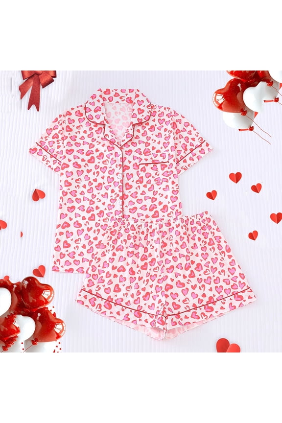 Love Heart Womens Pajama Set Button Down Short Sleeve 2 Piece Comfy Top And Pants with Pockets Notch Collar Softies Loungewear Set for Women