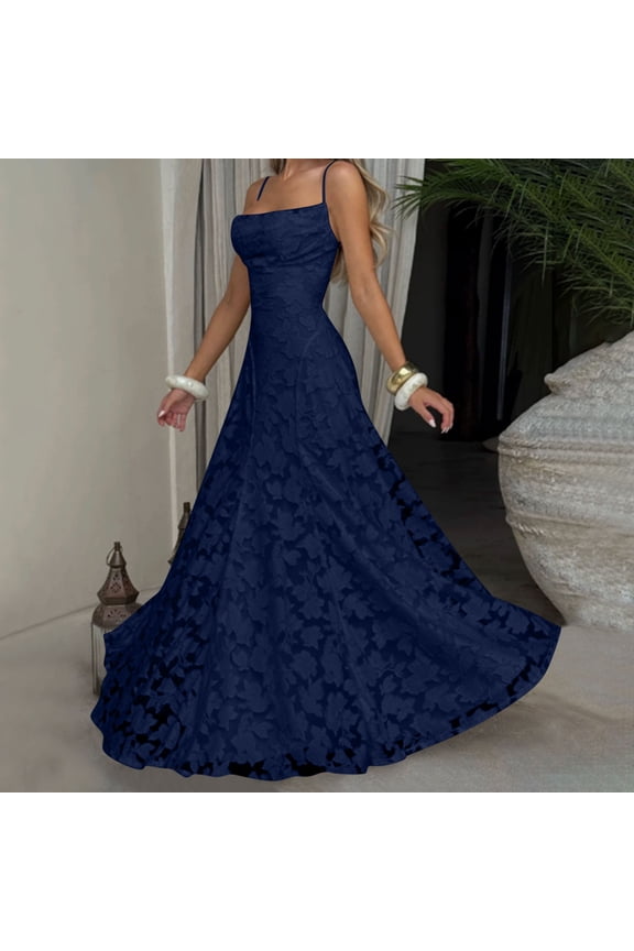 Maxi Summer Wedding Guest Dresses for Women Sleeveless Vintage A Line Slip Dress Slim Fit Evening Flowy Square Neck Blue Dresses