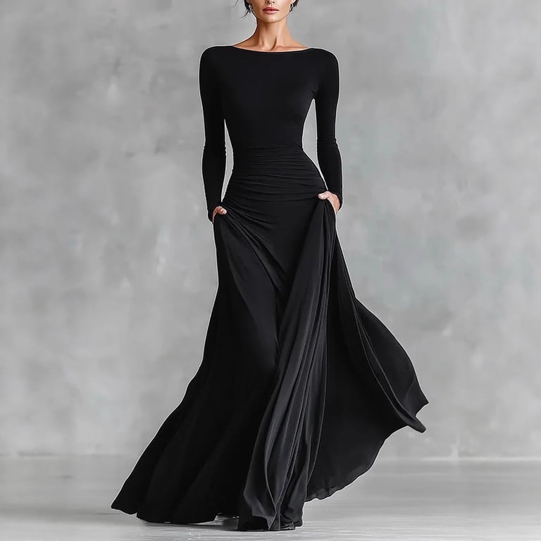 Qunyiney Maxi Womens Wedding Guest Dress Long Sleeve Formal Black Spring Evening Gown Crew Neck Elegant A Line Slim Fit Wedding Dresses, Women's, Size
