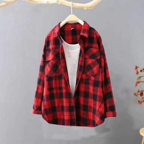 QUNYINEY Mid-Length Fall Jackets for Women 2025 Work Lightweight Plaid Outwear Collared Long Sleeve Button Up with Pockets Loose Fit Womens Coats