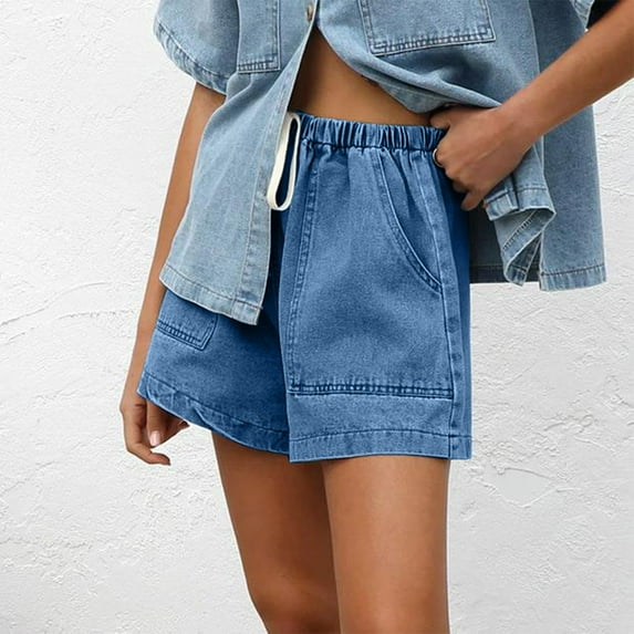 QUNYINEY Mid Rise Denim Shorts for Women Casual Blue Wide Leg Bermuda Shorts Summer Drawstring Elastic Waist Relaxed Fit Jean Shorts