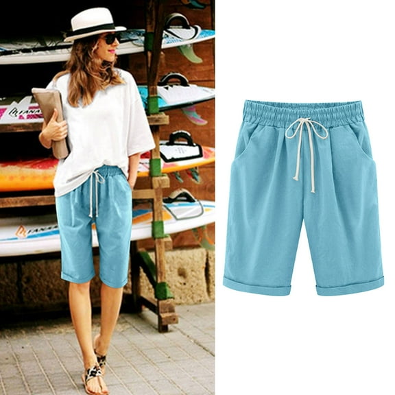 QUNYINEY Mid Rise Summer Shorts For Women Casual Solid Bermuda Shorts Comfy Drawstring Elastic Waist Loose Shorts