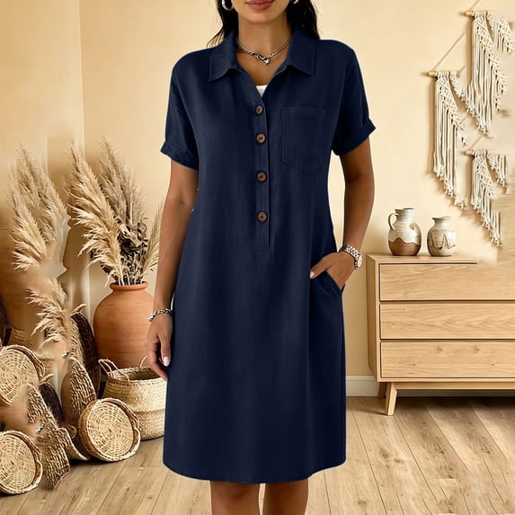 QUNYINEY Midi Casual Dresses for Women Faux Cotton Linen Blue Short Sleeve Shirt Dress with Pockets Collared Button Loose Fit Dresses