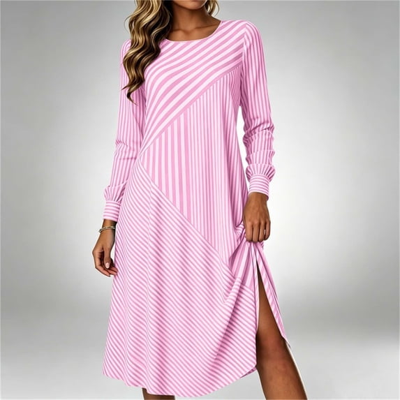 QUNYINEY Midi Dresses for Women Fall Casual Striped Long Sleeve A Line Dress Crew Neck Loose Fit Flowy Dresses