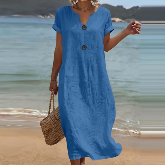 QUNYINEY Midi Dresses for Women Faux Cotton Linen Short Sleeve Blue Summer A Line Dress Casual Loose Fit Button V Neck Dresses