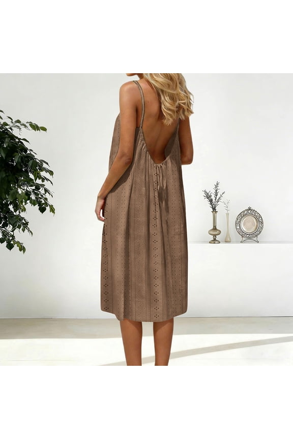 Midi Sun Dresses Women Summer Sleeveless Brown Slip Dress Beach Open Back Loose Fit Cut Out Crew Neck Dresses