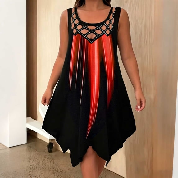 QUNYINEY Midi Sundresses for Women Beach Sleeveless Summer Graphic Casual Tank Dress Beach Cutout Crew Neck Drop Shoulder Loose Fit Dresses