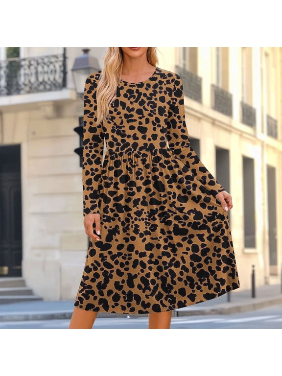 Midi Women's Dresses Leopard Print Long Sleeve Fall Flowy A Line Dress Loose Fit Crew Neck Casual Dresses