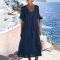 thumbnail image 1 of QUNYINEY Midi Womens Dress Cotton Linen Summer Blue Short Sleeve Sundress V Neck Casual with Pockets A Line Loose Fit Dresses, 1 of 9