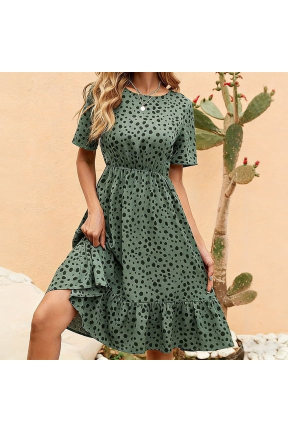 Midi Womens Dresses A Line Short Sleeve Leopard Print Summer Dresses Ruffle Hem Flowy Loose Fit Crew Neck Dresses