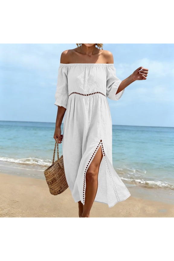 Midi Womens Plus Size Dresses Cotton Linen Beach Short Sleeve White A Line Dress with Slit Off The Shoulder Loose Fit Dresses