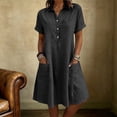 thumbnail image 1 of QUNYINEY Midi Womens Summer Dresses Short Sleeve Black Cotton Linen Casual A Line Dress Collared with Pockets Loose Fit Button Dresses, 1 of 6