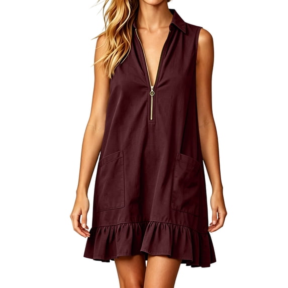 QUNYINEY Mini Women Dresses Summer Sleeveless A Line Red Sundress Loose Fit Ruffle Collared with Pockets Dresses