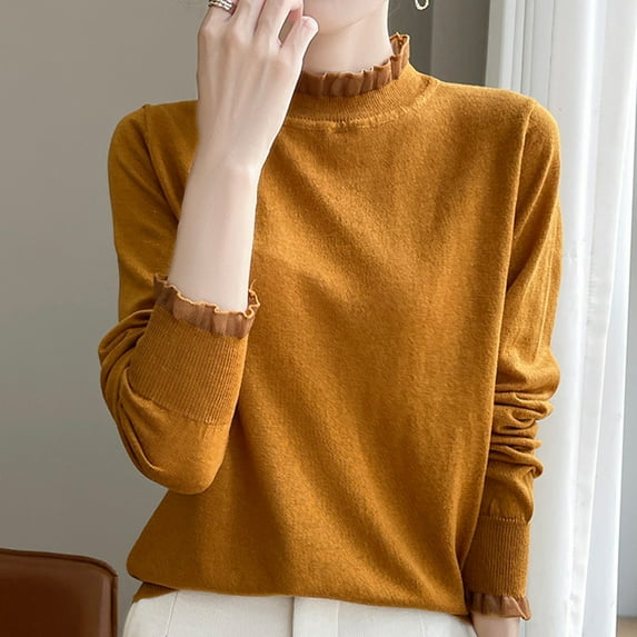 QUNYINEY Mock Neck Sweater for Women Yellow Pullover Knit Solid Tops Casual Long Sleeve Regular Ruffle Sweaters