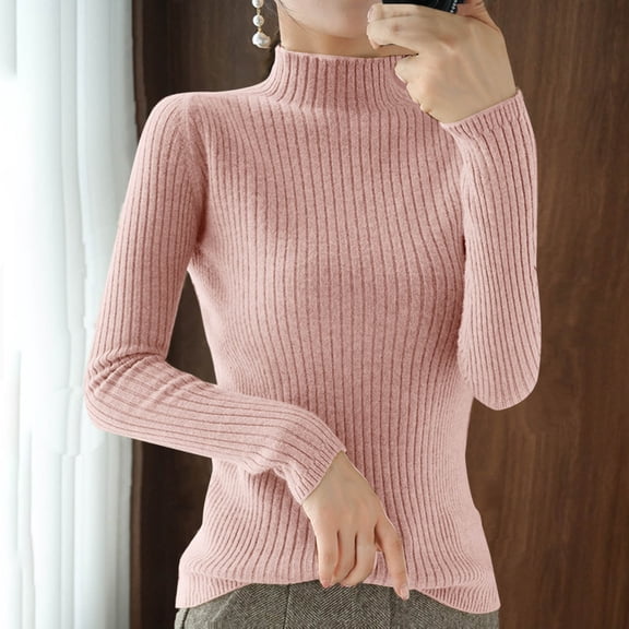 QUNYINEY Mock Neck Winter Sweaters for Women 2024 Ribbed Knit Pullover Solid Pink Tops Casual Long Sleeve Loose Sweaters