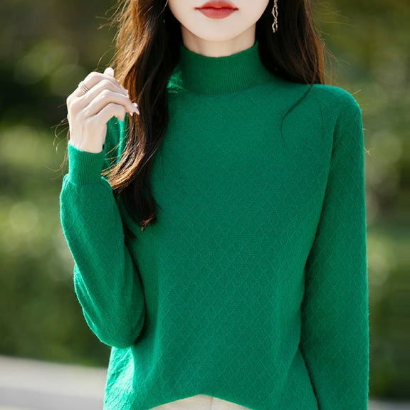 QUNYINEY Mock Neck Women Sweater Knit Green Solid Pullover Tops Long Sleeve Plaid Loose Casual Sweaters