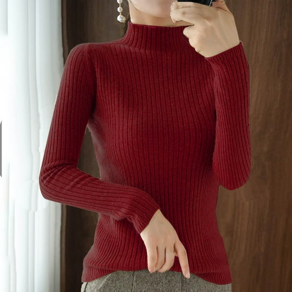 QUNYINEY Mock Neck Women Sweaters Solid Pullover Red Ribbed Knit Tops Regular Long Sleeve Casual Sweaters