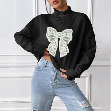 QUNYINEY Mock Neck Womens Sweaters Pullover Knit Bow Embroidered Black Tops Lightweight Long Sleeve Regular Casual Sweaters
