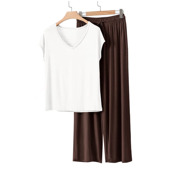 QUNYINEY Modal Ladies Pajamas Sets Brown 2 Piece Soft Short Sleeve Top And Pants Casual V Neck Women's Loungewear Sets